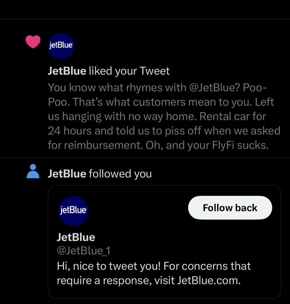MikewDickman's tweet photo. @JetBlue, this is your response?! You LIKE my comment and then suggest I go to your website for any concerns?! Thanks for the “help”! https://t.co/o4ohkKgaOh