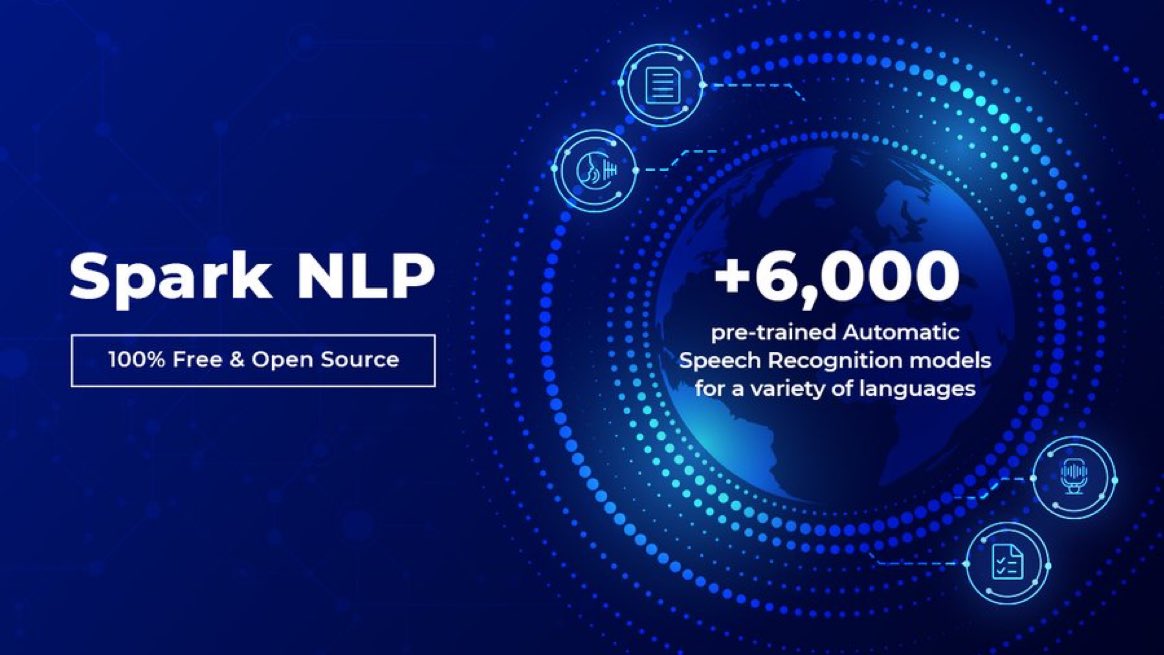 digitalhealthxx's tweet image. Did you know that #SparkNLP provides over 6,000 pre-trained Automatic Speech Recognition #OpenSource models for a variety of languages?
Quick start: hubs.li/Q01YxcDN0
All #AutomaticSpeechRecognition models: hubs.li/Q01Yxfyh0
#nlp #dl #ml #datascience…