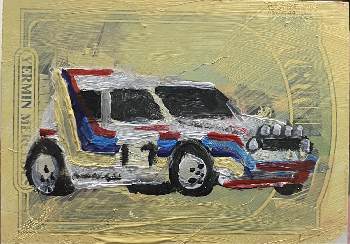IFCKINGLOVEKIWI's tweet image. 1/1 at auction. objkt.com/asset/KT1PXnUn… 48 hours, includes physical. Min bid is 25 $xtz #tezos This is rally art 2. A tribute to my new micro obsession, group B rally racing.  This is a 1/1 comes with the physical painting which is a small painting the size of a trading card.