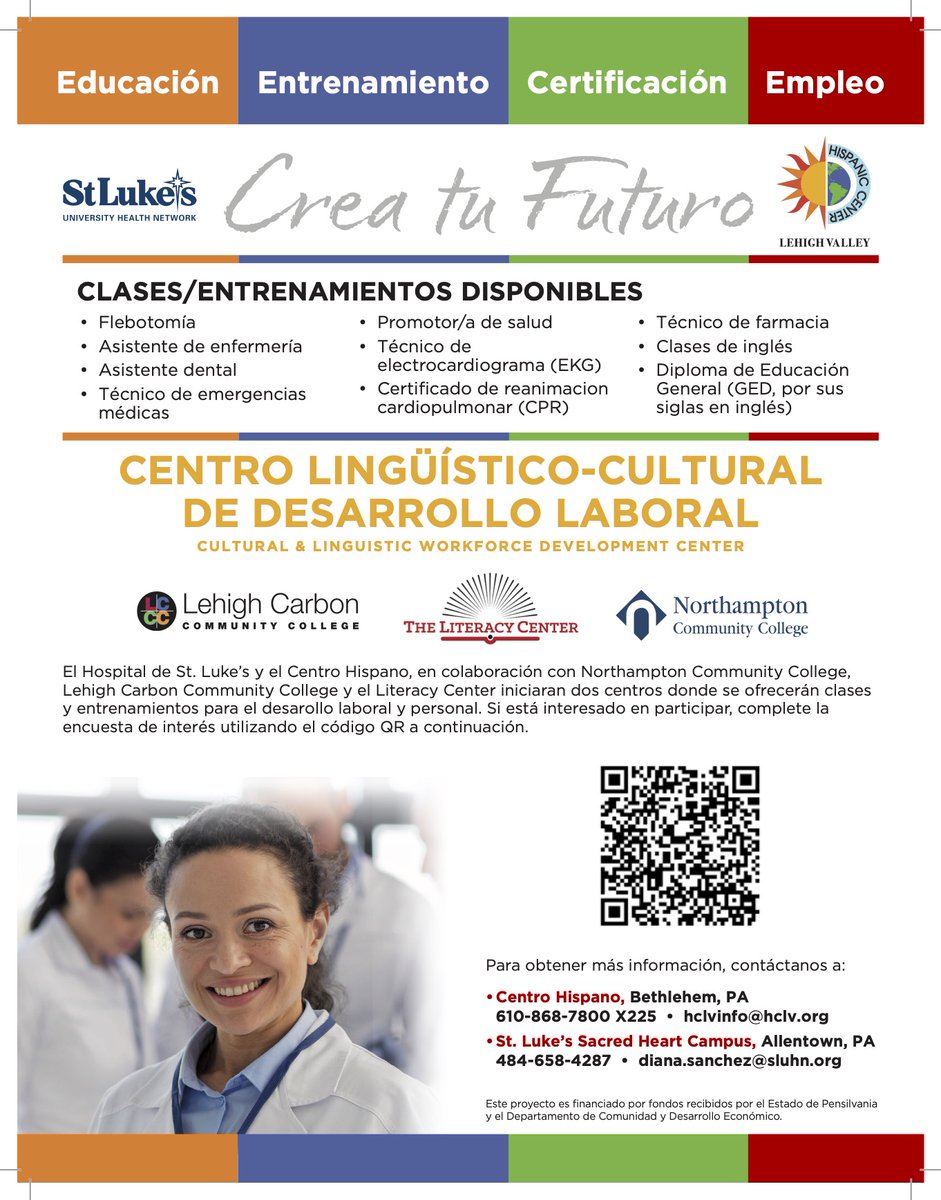 We are pleased to announce the launching of the Cultural and Linguistic Workforce Development Centers at Hispanic Center Lehigh Valley and St. Luke’s Sacred Heart Campus! If interested in learning more or participating, complete the survey below! redcap.slhn.org/surveys/?s=XEY…