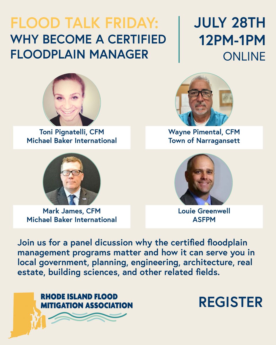 RIFMA2017's tweet photo. Reminder! Register for the next Flood Talk Friday to learn more about the Certified Floodplain Manager program. Learn more about our panelists below!

Register: https://t.co/yMnWwg4a1t https://t.co/uQsYV0UmZX