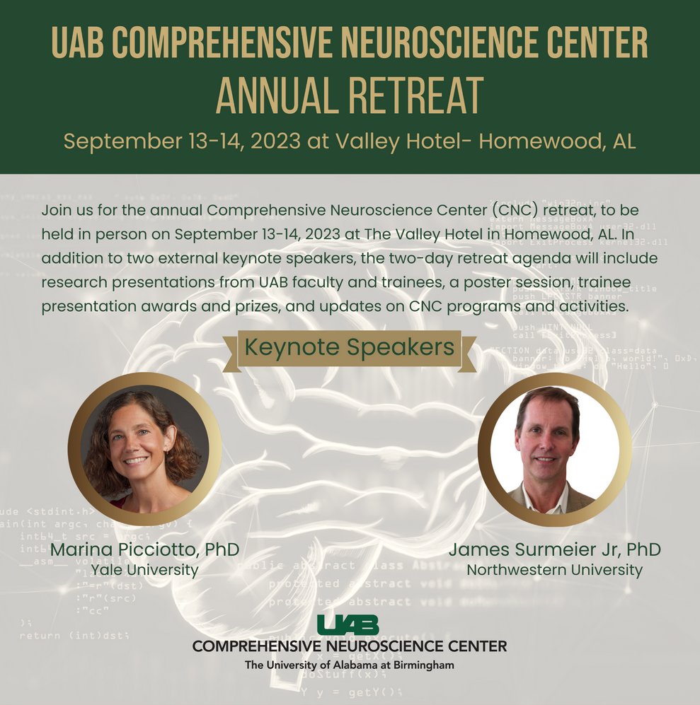 The CNC's annual retreat is right around the corner! UAB neuroscience trainees, be sure to register and submit an abstract at the following link for award consideration. @UNeurobiology @UABNeuroEng @uab_GBS @uab_neurology @UAB_NeuroRMS 
uab.edu/medicine/cnc/n…