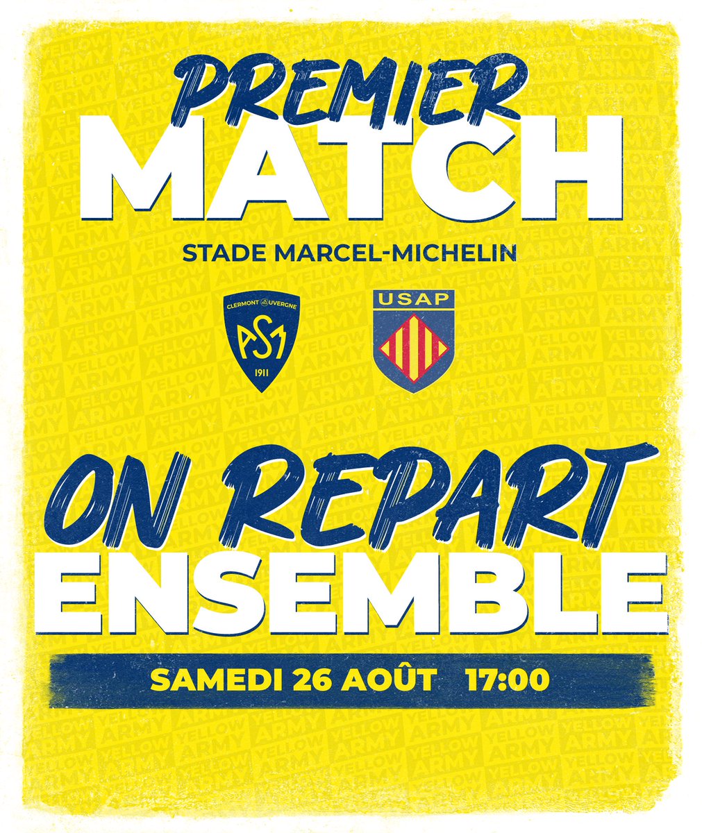 𝗦𝗮𝗺𝗲𝗱𝗶 𝟮𝟲 𝗮𝗼𝘂𝘁 à 𝟭𝟳 𝗵𝗲𝘂𝗿𝗲𝘀, les Jaune et Bleu retrouveront le Michelin pour écrire la première page de leur nouvelle histoire.🤜🤛

Lien de la billetterie : billetterie.asm-rugby.com/fr/meeting/199… 💛💙
