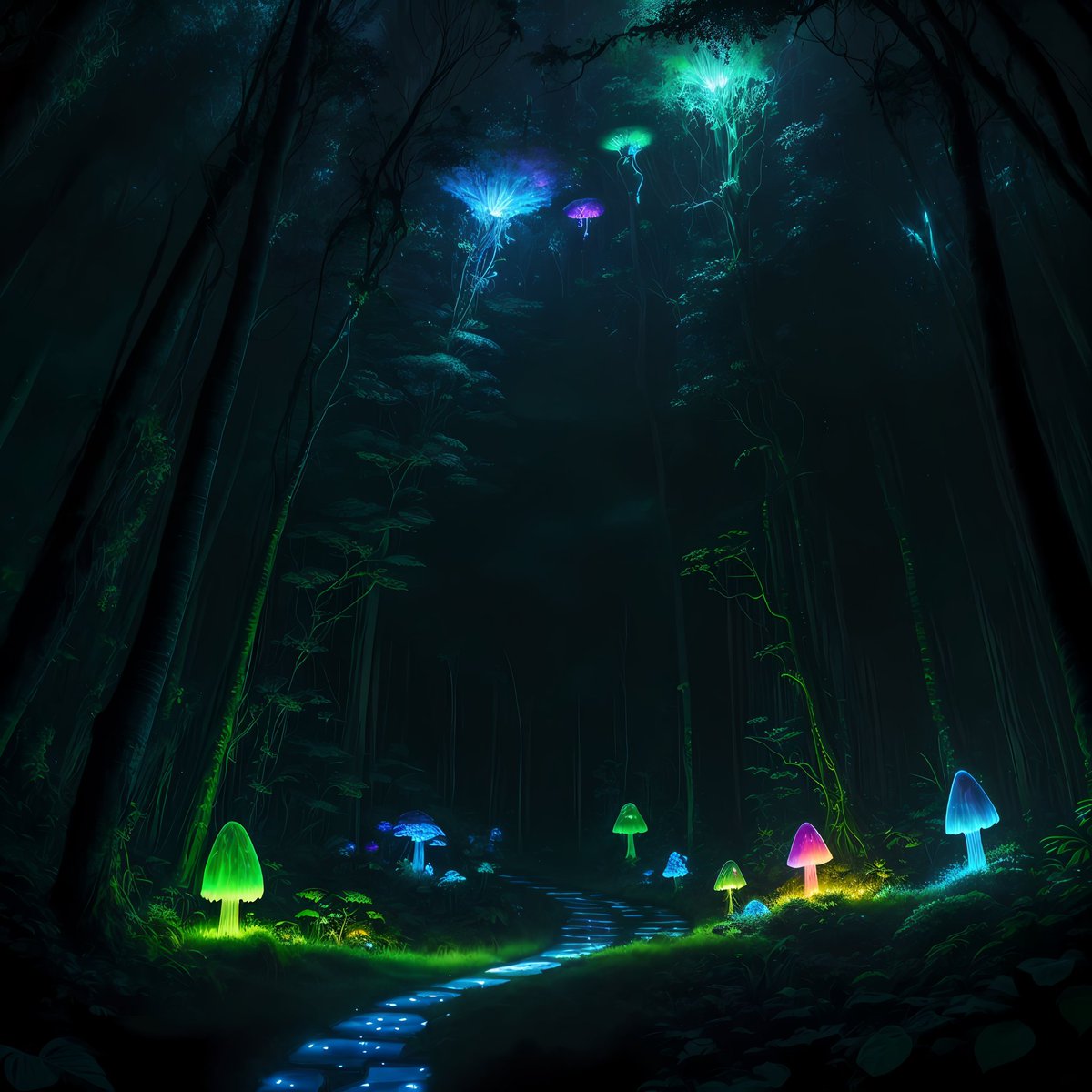 #NighttimeForest #Bioluminescent #Mushrooms #SurrealScene #NatureWonders #GlowingFungi #MysticalExperience #DiscoverNature #midjourney #aiart #midjourneyart #midjourneyai #aiartcommunity #digitalart #nft #midjourneyartwork #generativeart #followers #photography