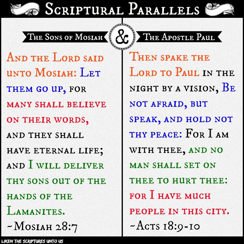 LikenScriptures's tweet photo. Both the sons of Mosiah and Paul were given promises of protection and success as they left on missions.
#Scripture #Bible #BookOfMormon #ComeFollowMe #ScripturalParallels https://t.co/GBnBUsblrn
