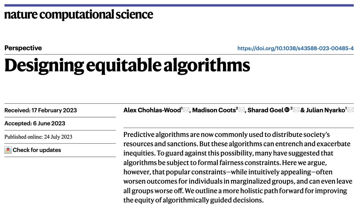 Researchers and practitioners across disciplines are working to design equitable algorithms — but it's not always clear how to do that. In a new @NatComputSci paper, @LX_CW, @madisoncoots, @JulianNyarko and I lay out a path forward. We hope it's useful! 5harad.com/papers/designi…