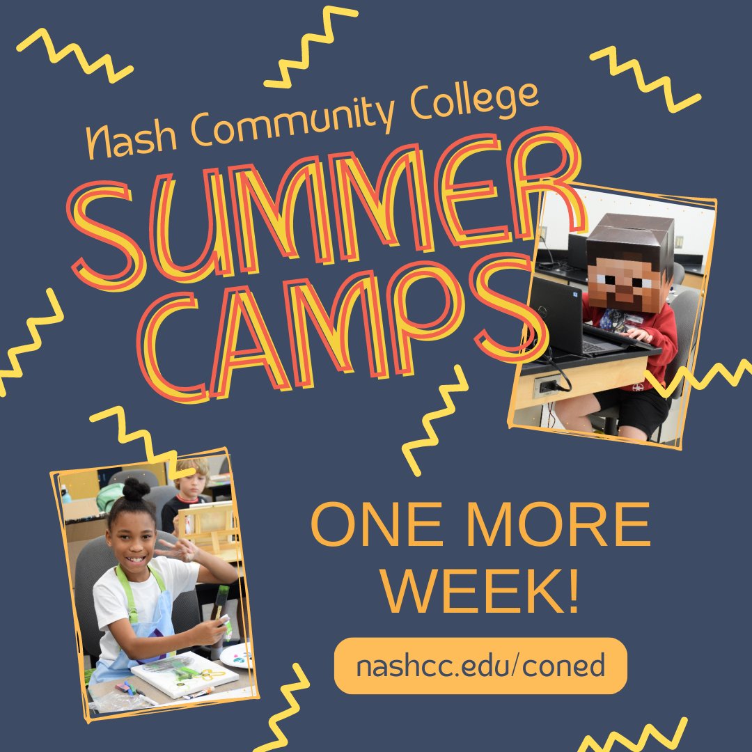 The final week of Summer Camp begins Monday, July 31! Don't miss out on the fun!

We have just a few spots left in a couple of exciting camps! Sign up today at nashcc.edu/coned.

ENVIRONMENTAL MINECRAFT II | Ages 11-14 
CINEMATOGRAPHY/FILMMAKING | Ages 11-14