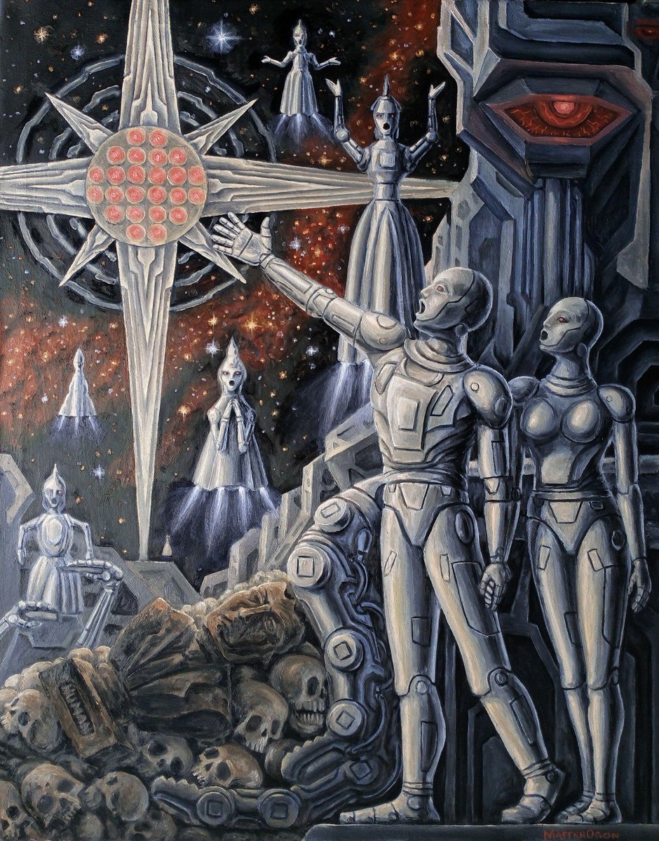 AstroBytez's tweet photo. Transhumanism. Oil on cavas. I conceived it as an AI-themed cyberpunk https://t.co/sKugPJxAjG
