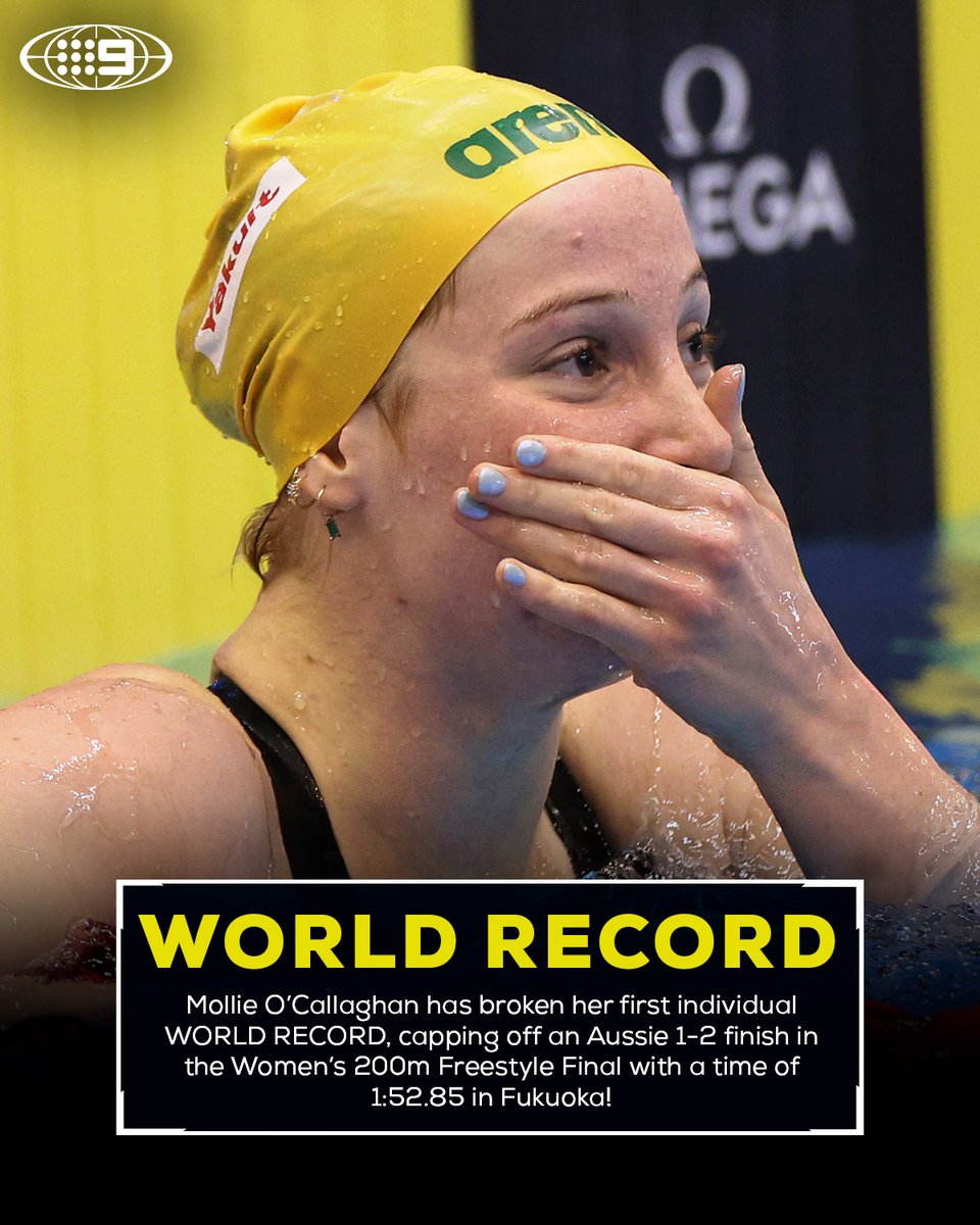 wwos's tweet photo. Take a bow Mollie O'Callaghan, that was one INSANE swim! 💪🥇🇦🇺

🖥️ #Fukuoka23 | Free on Channel 9 &amp; 9Now, July 23-30.

#Swimming #9WWOS https://t.co/KVGpdywmw8