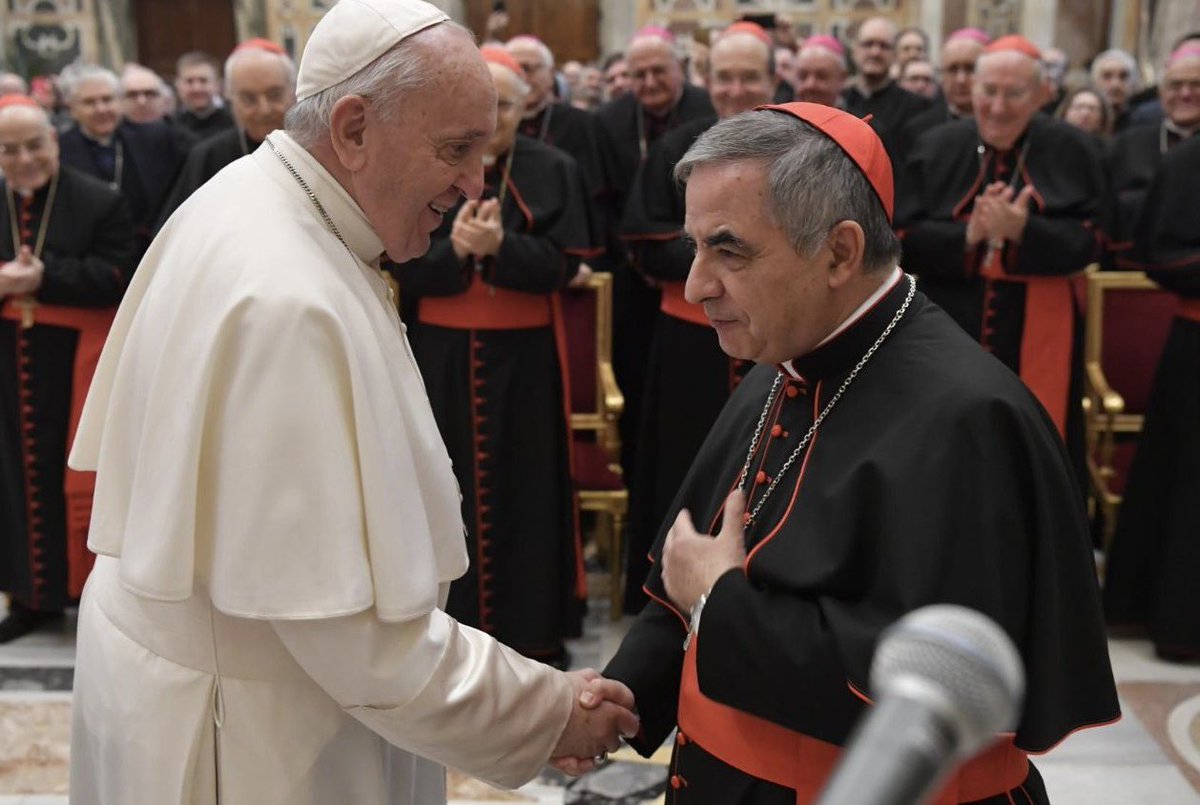 annietag_'s tweet photo. Some background on the #CardinalBecciu case after this morning's developments:
It is the first time in history that a #Vatican prosecutor has proposed sentencing a cardinal of the Church.
In 2019, the Vatican launched an investigation into Cardinal Angelo Becciu and 9 other defendants over the mismangement of Vatican funds, specifically including charges of money laundering, embezzlement and an allegedly fradulent investment of over $350 million.
Now, over two years into the trial, the Vatican prosecutor has asked that Cardinal Becciu be sentenced to 7 years and 3 months in prison due to his alleged involvement in financial misconduct.
Becciu, a native of Italy, was created a cardinal by #PopeFrancis in 2018 and formerly held the position equivalent to the Pope's Chief of Staff—one of the most powerful roles in the Vatican.
Cardinal Becciu has always proclaimed his innocence in the investigation. Court will resume in September but the judge's final verdict is not expected until the end of the year. @romereports
(photo: Vatican Media)