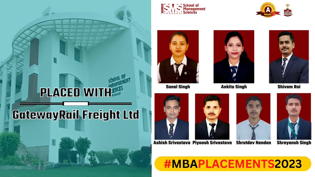 Soaring to Success!
📷 Proud moment for SMS Varanasi! Our 7 exceptional MBA students have clinched campus placements at GatewayRail Freight Limited!

#SMSVARANASI #MBA #placementsuccess #placement #success #GatewayRailFreightLimited #proudmoment #achievementunlocked