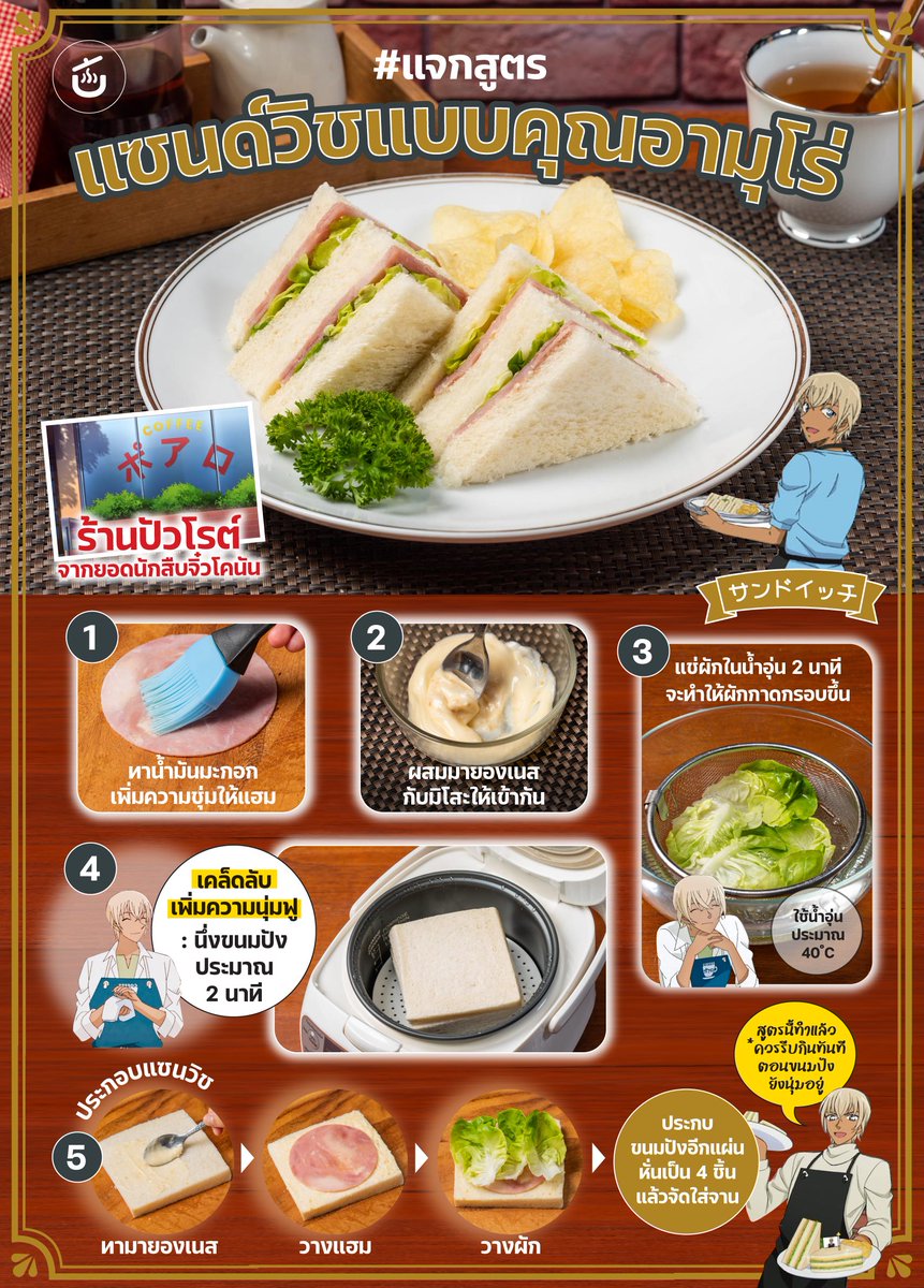 KRUAdotCO's tweet photo. #แจกสูตร แซนด์วิชแบบคุณอามุโร่ ร้านปัวโรต์ จาก ยอดนักสืบจิ๋วโคนัน
.
วัตถุดิบ
- แฮม (ส่วนที่ไม่ติดมัน) 2 แผ่น
- น้ำมันมะกอก 1 ช้อนโต๊ะ
- มายองเนส 3 ช้อนโต๊ะ
- มิโสะ ½ ช้อนโต๊ะ
- น้ำอุ่น (อุณหภูมิ 37-40c)
- น้ำเย็น
- ผักกาดหอมหรือบัตเตอร์เฮด (แล้วแต่ชอบ) 3ใบ
- ขนมปังตัดขอบ 2 แผ่น https://t.co/WeuXDqMAWF