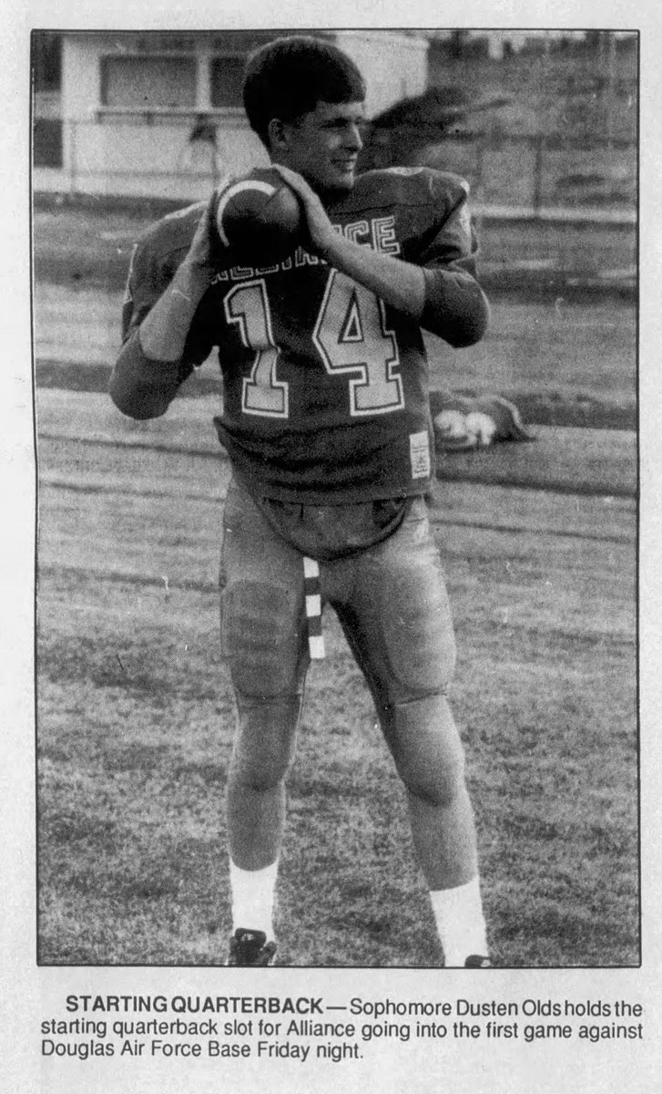 SuitUpVarsity's tweet photo. In 1991, Alliance was planning to start a sophomore at QB in the season-opener against Douglas Air Force Base HS of South Dakota. (Check out that taped belt; the height of 1991 cool!) https://t.co/qCjDOk3vsD