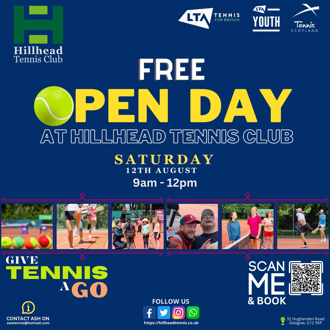 🎾 Join us for an exciting Open Day at Hillhead Tennis Club! 🗓️ Sat, 12th Aug 🎾

🧒 Mini Tennis (3-11) 🧑 Teens (12-18) 🏃 Cardio &amp; Coaching 🤩 FREE activities! Book now! 🎫 bit.ly/3O5Medn 

ℹ️ hillheadcoaching@gmail.com
 #HillheadTennisClub #TennisOpenDay #TryTennis