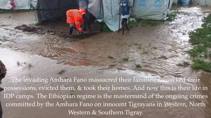 GebremeskelGeb's tweet photo. The latest pic from an IDP camp in Shire!

This is the daily life of millions of IDPs in #Tigray. 

The @WFP + @USAID's suspension of humanitarian aid [death sentence] coupled with flooding has been the icing on the cake for Abiy Ahmed's genocidal campaign on #Tigray. https://t.co/1HvtELOxc9