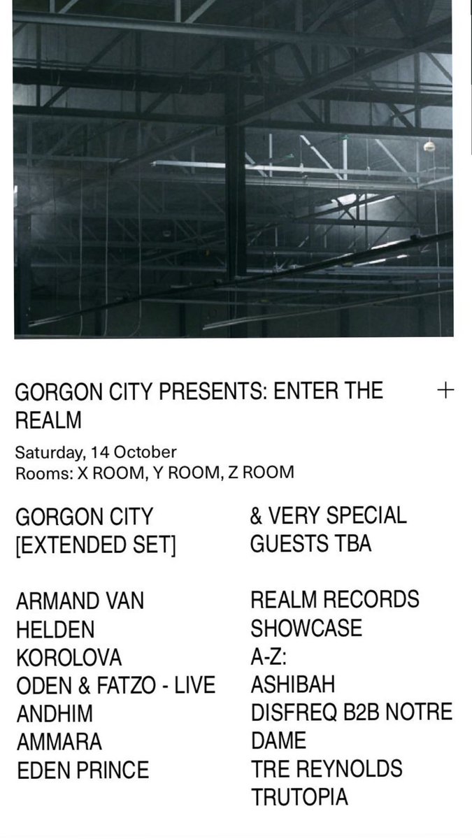Gorgon City (@gorgoncity) on Twitter photo <a href="/Realm_Records/">REALM Records</a> 🏛
<a href="/armandvanhelden/">Armand Van Helden</a>
<a href="/korolovamusik/">Korolova</a>
<a href="/ODEN_and_FATZO/">Oden & Fatzo</a>
<a href="/andhim_official/">andhim</a>
<a href="/ammaradj/">AMMARA</a>
@edenprincemusic
<a href="/_Ashibah_/">Ashibah</a>
#disfreq B2B #NotreDame
<a href="/trereynolds_dj/">Tre Reynolds</a>
<a href="/Trutopia/">TRUTOPIA</a>
& VERY SPECIAL GUESTS TBA <a href="/Realm_Records/">REALM Records</a> 🏛
<a href="/armandvanhelden/">Armand Van Helden</a>
<a href="/korolovamusik/">Korolova</a>
<a href="/ODEN_and_FATZO/">Oden & Fatzo</a>
<a href="/andhim_official/">andhim</a>
<a href="/ammaradj/">AMMARA</a>
@edenprincemusic
<a href="/_Ashibah_/">Ashibah</a>
#disfreq B2B #NotreDame
<a href="/trereynolds_dj/">Tre Reynolds</a>
<a href="/Trutopia/">TRUTOPIA</a>
& VERY SPECIAL GUESTS TBA