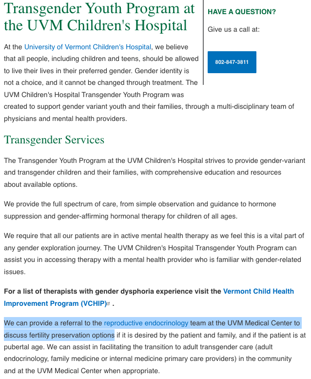 todddeluca's tweet photo. One thing gender affirming care can prevent is fertility. The #UVMMC Transgender Youth Program overview said (in 2022): "We can provide a referral...to discuss fertility preservation options"
#vtpoli #btv #trans https://t.co/A6lL7nB78f