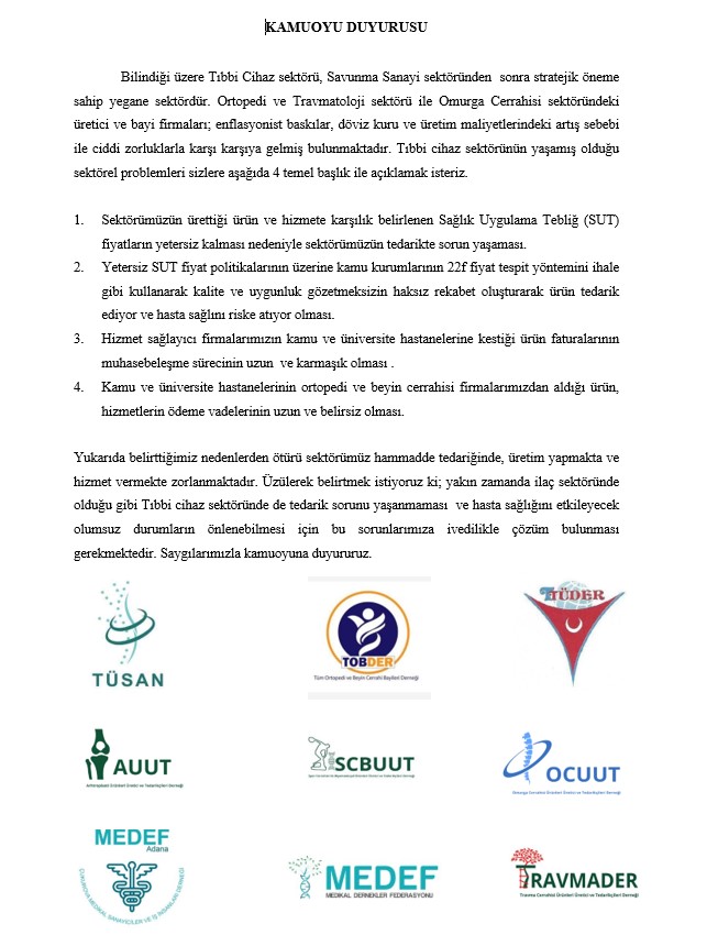 KAMUOYUNA DUYURU

MEDEF YÖNETİM KURULU

#TÜSAN #MEDEF #TOBDER #TÜDER #AUUT #OCUUT #TRAVMADER #SCBUUT #MEDEFADANA

#sağlıkbakanlığı #sgk #fahrettinkoca #tıbbicihaz #ortopedi #omurga #travmatoloji