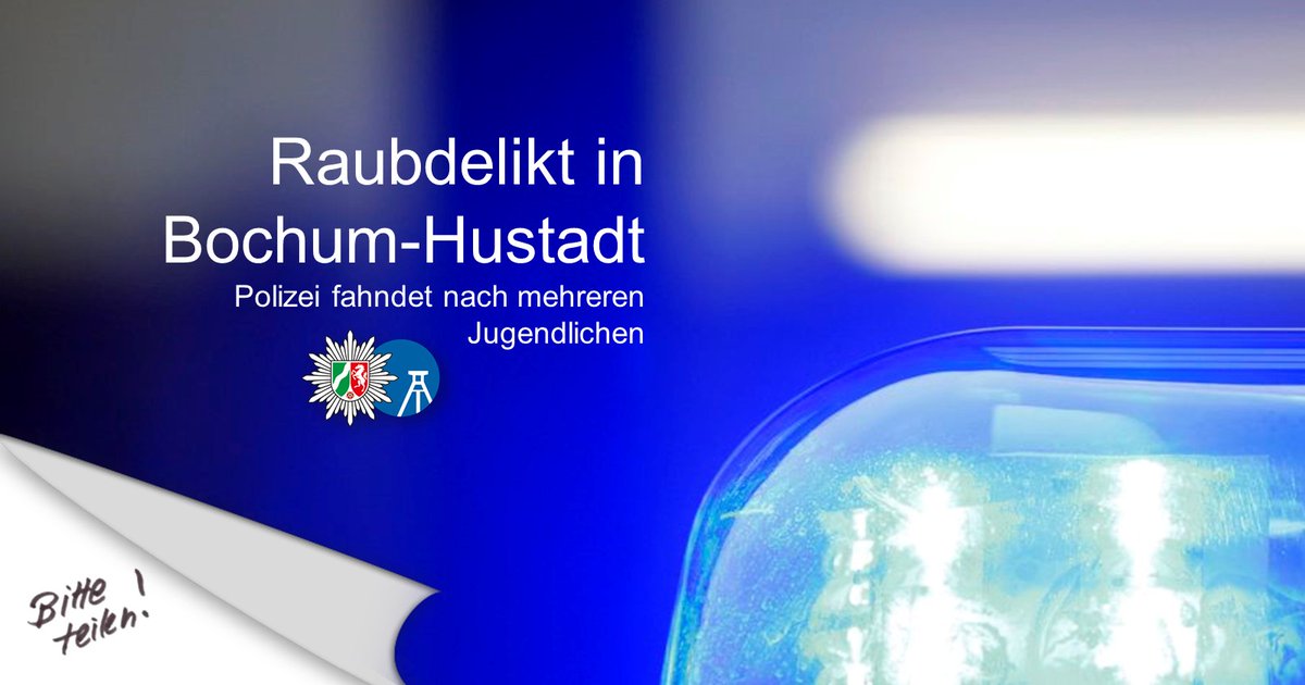 Polizei NRW BO (@polizei_nrw_bo) on Twitter photo Nach einem Raubdelikt auf vier Jungen am Dienstagabend, 25. Juli, in #Bochum, fahndet die Polizei nach mehreren jugendlichen Tätern. Es werden Zeugen gesucht. 
Telefon: 0234 909-8205 oder -4441 (Kriminalwache) 📞
Weitere Infos: presseportal.de/blaulicht/pm/1… Nach einem Raubdelikt auf vier Jungen am Dienstagabend, 25. Juli, in #Bochum, fahndet die Polizei nach mehreren jugendlichen Tätern. Es werden Zeugen gesucht. 
Telefon: 0234 909-8205 oder -4441 (Kriminalwache) 📞
Weitere Infos: presseportal.de/blaulicht/pm/1…