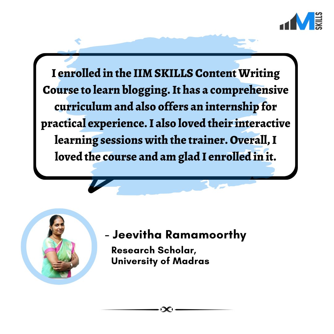 iimskills's tweet photo. Want to learn What Jeevitha Ramamoorthy learned with IIM SKILLS' Content Writing Course?
Join now!
Website link in bio!
Student Diariesโจ
.
.
.
#content #contentwriting #contentwriters #contentwriter #contentwritingcourse #contentwritingcourses #career #education #study #growth https://t.co/zPsxcTVMNp