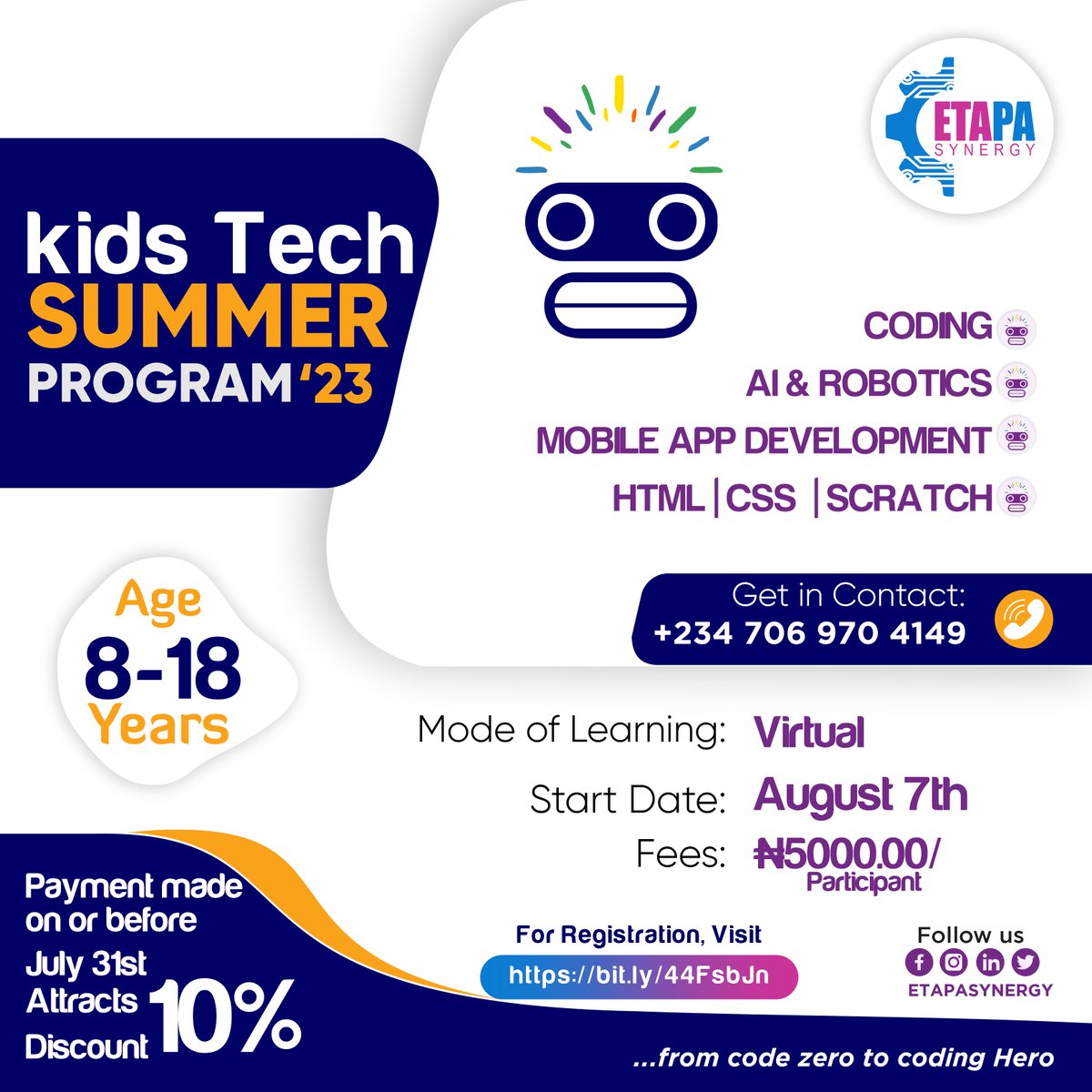 Inidevelopment's tweet image. Register your Kids for our One-week Summer AI and Robotics Classes
Method of Learning: Virtual Class
Session: Morning Session | Evening Session
#Codingandrobotic2023 #StemClasses #robotics #AIandHtml #virtuallearning
Register Now: bit.ly/44FsbJn