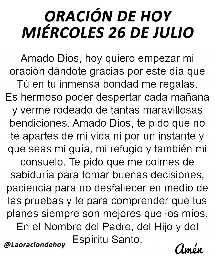 Oración diaria para hoy miércoles 26 de julio de 2023.