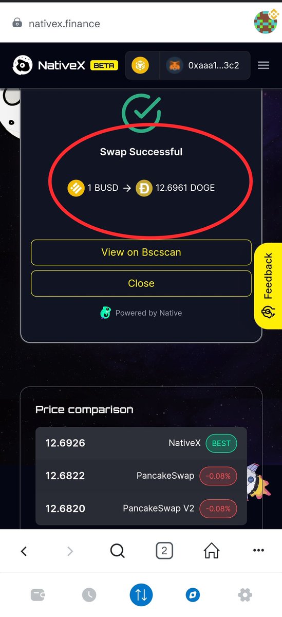 ca_hzm's tweet image. #SmoothTransaction at @native_fi 😲 Loved the #DEX price comparison feature, found @NativeX_fi on top! 🚀 #Crypto #FastSwap