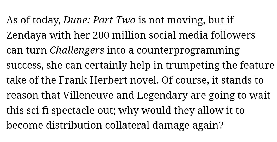 are we really discussing Dune Part Two BO success based on Zendaya's IG followers? are u kidding me, @DEADLINE  ? https://t.co/RYAxcqTtnu