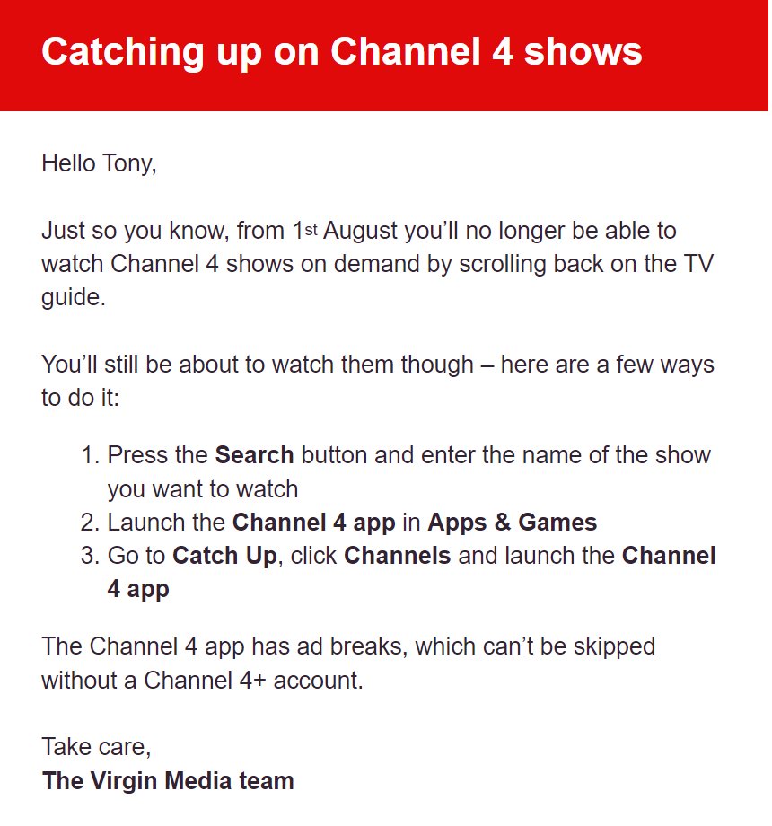 "Just so you know"
<a href="/virginmedia/">Virgin Media ❤️</a> gutting their TV guide just so that <a href="/Channel4/">Channel 4</a> can force us not to skip ad breaks. At least Virgin doesn't pretend this is some kind of improvement.