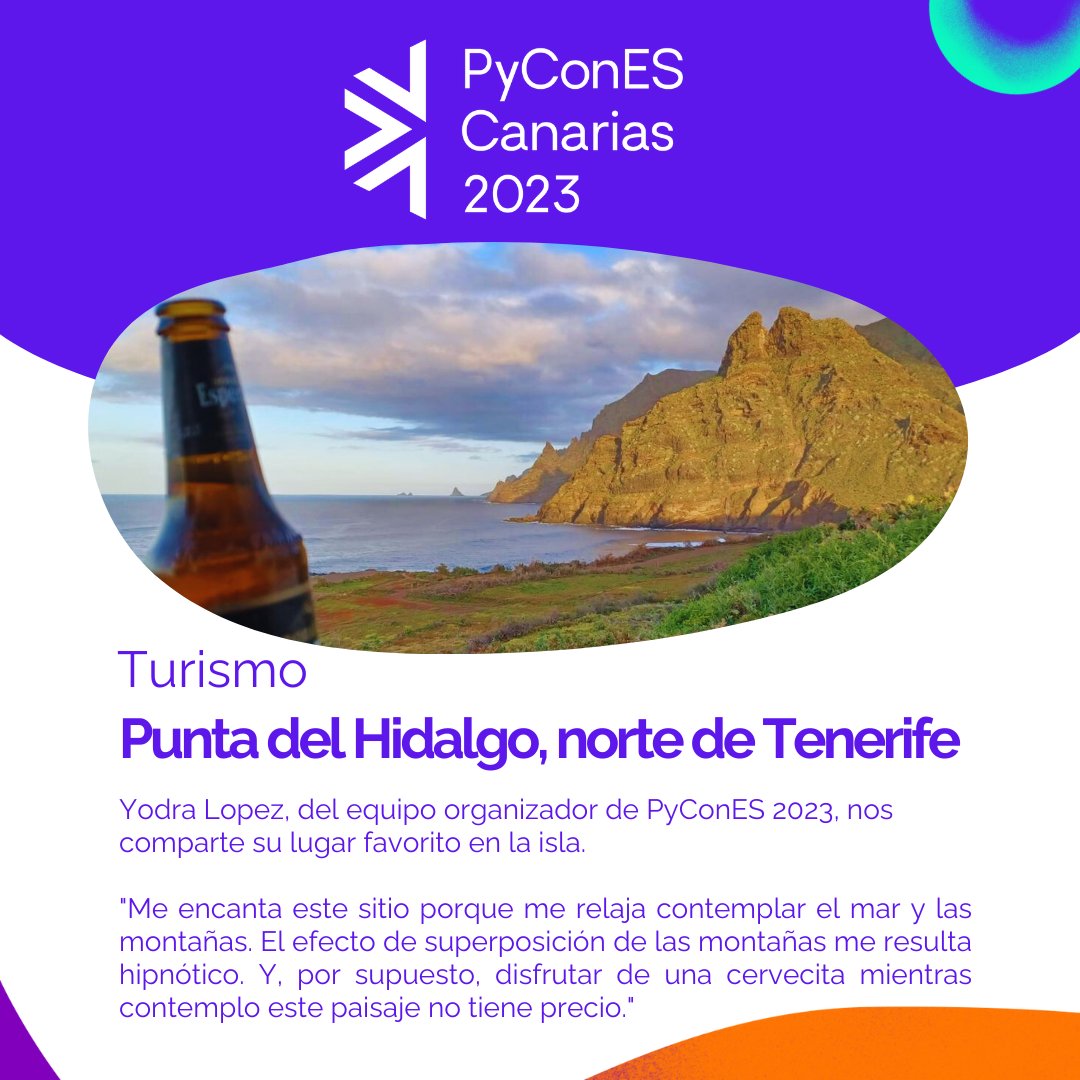 PyConES's tweet photo. ✨Siguiendo con nuestras sugerencias para que hagan turismo aprovechando la #PyConES23... ¡Les presentamos hoy Punta del Hidalgo!

¿Van a ir a visitarla durante su estancia?🌴⛰️

#pykini #mojopycon #tenerife #python #comunicadad https://t.co/mKF8lNvujU