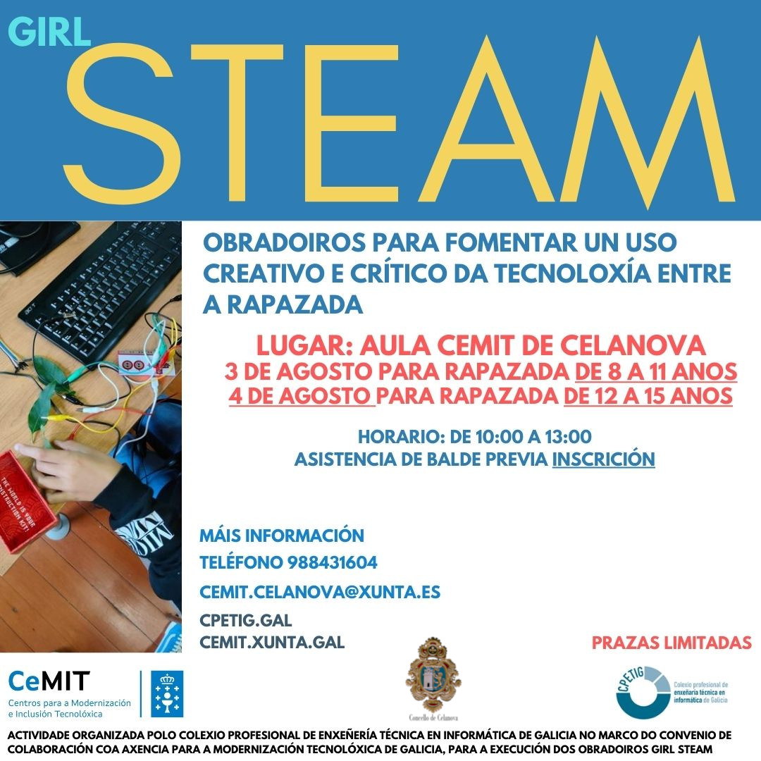 cemitcelanova's tweet photo. 🖥️ Obradoiro práctico de experimentación tecnolóxica para rapazada de 12 a 15 anos na aula CeMIT

🕙 Horario: 10:00 h a 13:00 h

📝 Inscricións: 📞 988431604 ( prazas limitadas)

#Celanova #ConcellodeCelanova #cemitcelanova #cursoscelanova #VeranCelanova #ActividadesCelanova https://t.co/4yPkE7ehLi