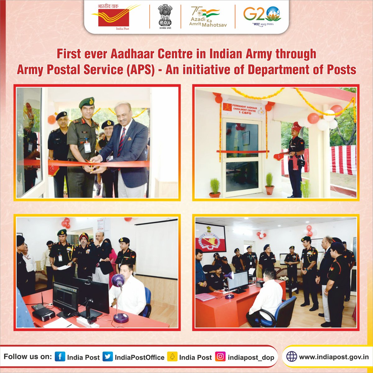 IndiaPostOffice's tweet photo. India Post in collaboration with Army Postal Service and UIDAI started Aadhaar services for defence personnel. The service will be available to tri-service personnel and their families through 48 Field Post Offices in the country. Shri Alok Sharma, Director General Postal Services and Lt Gen Rajinder Dewan, PVSM, AVSM, VSM, Quartermaster General inaugurated first Aadhar Enrolment Centre of this initiative at 1 CBPO, New Delhi.

@AshwiniVaishnaw @devusinh @PIB_India @mygovindia @AmritMahotsav @adgpi @UIDAI