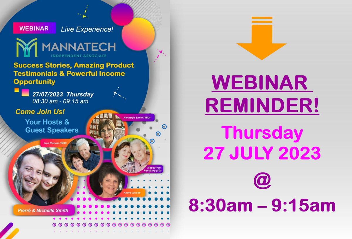 AssociateSmith's tweet image. Webinar Reminder! 

Topic: Mannatech
Date: Jul 27, 2023 
Time: 08:30 AM Harare, Pretoria

Join our Zoom Meeting (Link):
us06web.zoom.us/j/83041225365?…

Meeting ID: 830 4122 5365
Passcode: 070621

Copy the meeting ID and Passcode and paste into Zoom app or click on the link above.