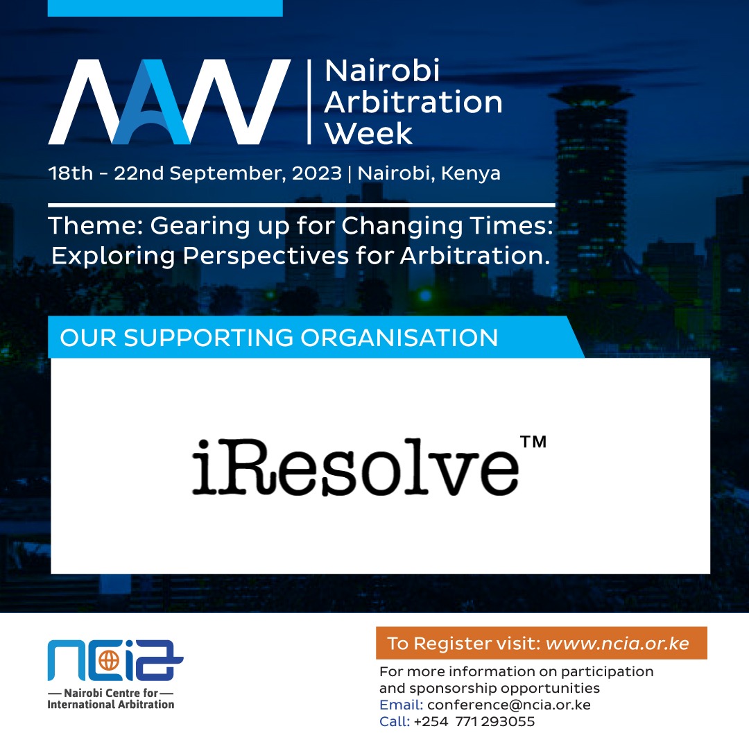 #NAW2023
📢We are honored to have on board the
<a href="/iResolver/">iResolve™️🇹🇿</a> as a supporting organization for the Nairobi Arbitration Week!  
We welcome you as one of our partners!  For details about registration kindly visit:-  conf.ncia.or.ke/naw/ to book your spot. You don't want to miss out!
