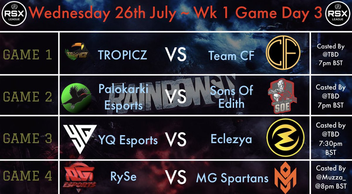 Game Day 3, and many RSX Minor games today!

🆚#TROPICZ vs #TeamCF
⏳7pm BST
🎙️TBD
🆚@FPalokarki vs #SOE
⏳7pm BST
🎙️TBD
🆚#YQeSports vs @TeamEclezya 
⏳7:30pm BST
🎙️TBD
🆚@RySeGamingR6 vs #MGSpartans 
⏳8pm BST
🎙️@Muuzzaaa_ 

Casters will be mentioned below if it changes 🫡
#RSX