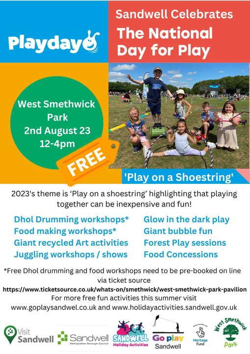 1️⃣ week to go until National Play Day!

🪁 Join @GoPlaySandwell on Wednesday 2 August at West Smethwick Park.

🫧 Giant bubbles
🥁 Dhol drummers
✅ Inflatables
🧵 Arts & crafts
🤩 Giant puppet workshop

All free, but please book Dhol drumming and food workshops in advance 👇