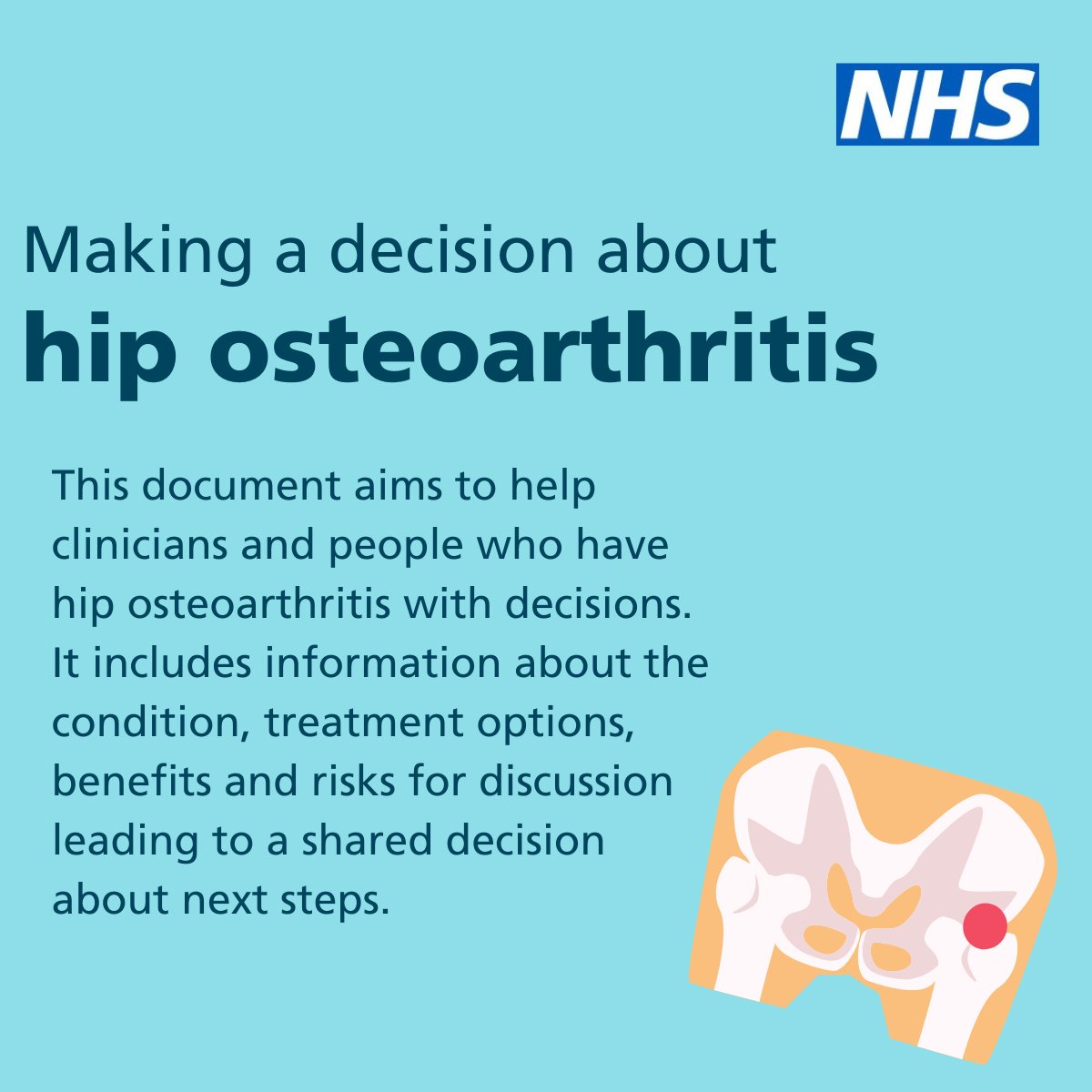 The hip osteoarthritis decision support tool helps with #SharedDecisionMaking conversations between clinician and patient by explaining treatment, care and support options to help the patient consider what matters most to them.

england.nhs.uk/decision-suppo…

#BestMSKHealth
