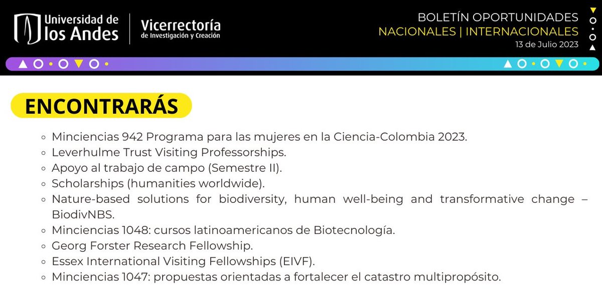 UniandesDerecho's tweet image. 🔉No te pierdas las convocatorias y oportunidades vigentes de nuestra #Vicerrectoría de #Investigación y Creación. Consulta cada una de ellas y postúlate 👉 acortar.link/4pZTR5?utm_sou…