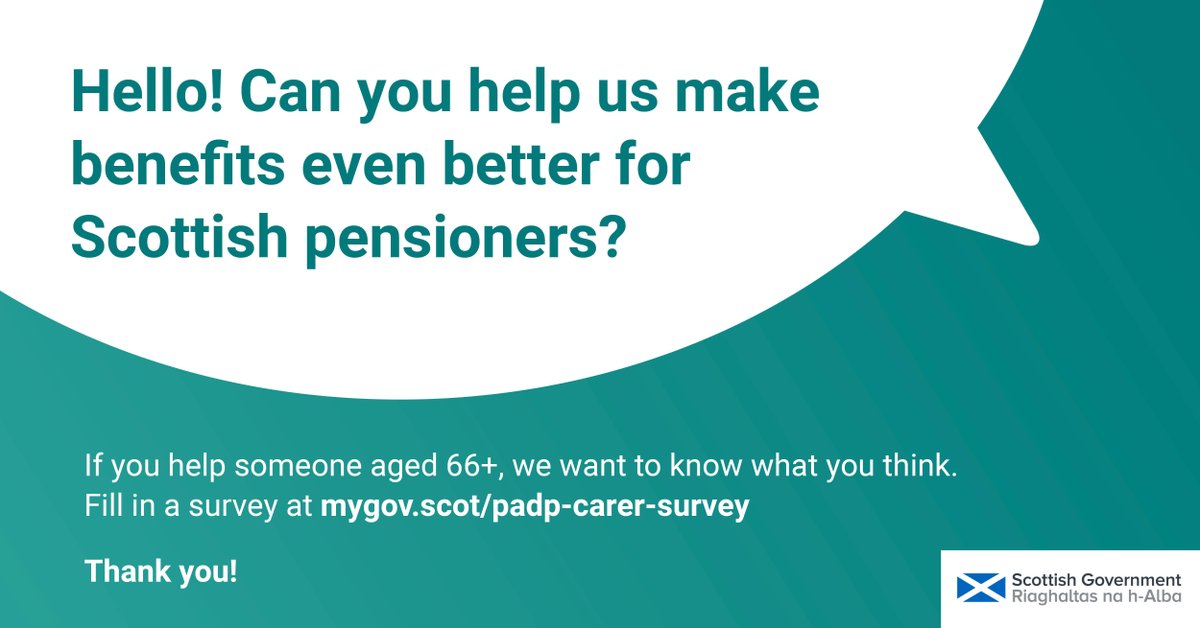 The Scottish Government’s Social Security Research team is looking for anyone who cares for someone aged 66+ to take part in a survey on the development of a new benefit for people over state pension age. Find out more at: ow.ly/fZQS50Pg2fr