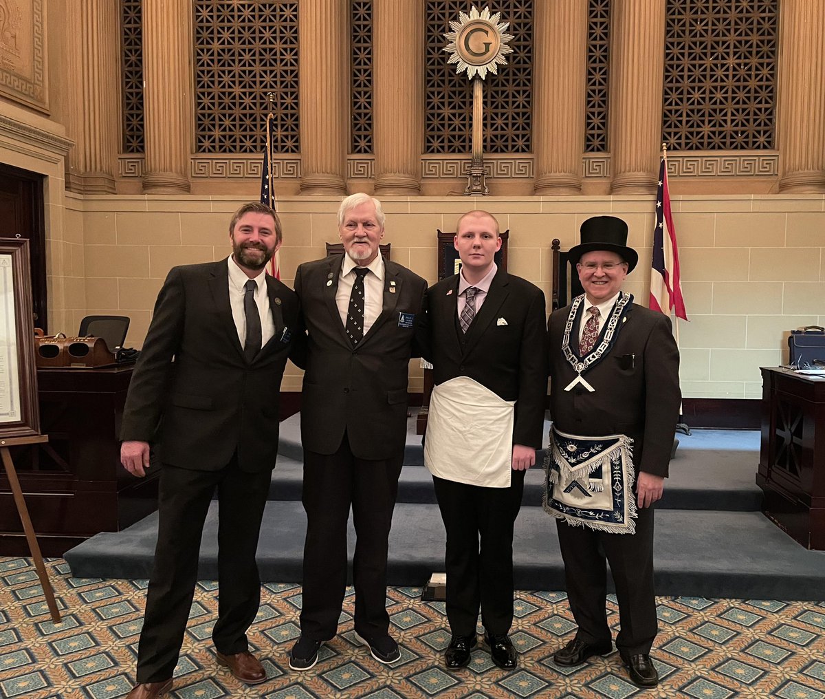 GrandLodgeOhio's tweet photo. Thanks to WB Bruce Hall of Millenium Lodge No. 779 for this great picture! Seen here is Brother Hall along with Chase Druin, age 19, taken just after his initiation as the lodge’s newest #EnteredApprentice. https://t.co/OUtPXQzDRd