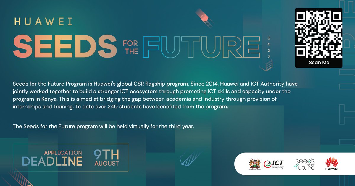 HuaweiKenya's tweet photo. The Seeds for The Future program is back! 

We're thrilled to announce the return of this year's program! Are you ready to dive into the world of technology and innovation? join us for an 8-day virtual training program, where you will explore cutting-edge tech sessions, expand your knowledge and unlock endless possibilities for your future career. 

To register, click here: https://t.co/t9uFX2L7Dk
Deadline for registration is 9th August 2023

To learn more about the program, use the following link: https://t.co/8drYQQKocB

@ICTAuthorityKE