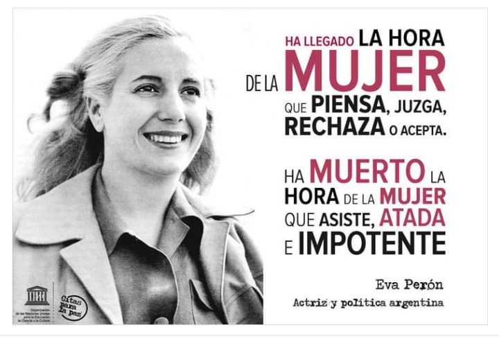 Debra_laBase's tweet photo. "Ha llegado la hora de la mujer que piensa, juzga, rechaza o acepta y ha muerto la hora de la mujer que asiste, atada e impotente, a la caprichosa elaboración política de los destinos de su país”
Evita inmortal, mujes en las política. https://t.co/rh2JLQLu2c