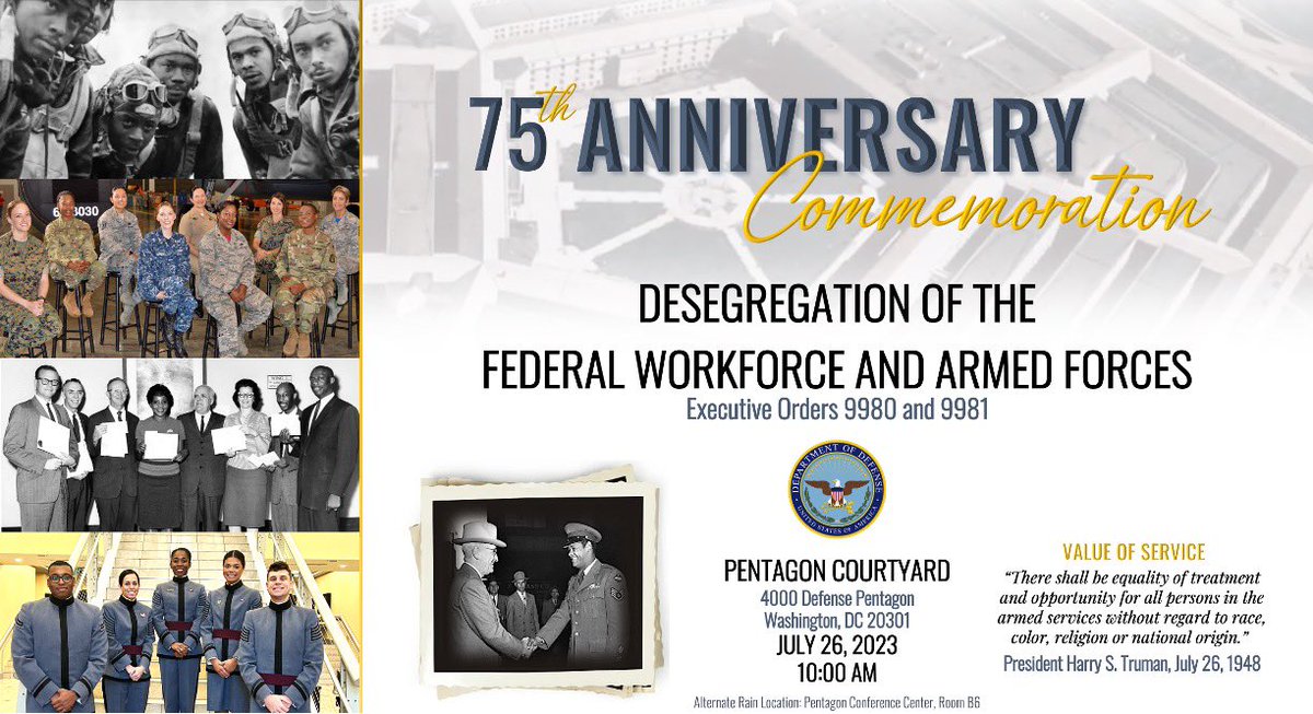DepSecDefHicks's tweet photo. Join me today at the Pentagon &amp; online as we celebrate 75 years since desegregation of the armed forces &amp; the federal workforce- enabling brave Americans of all races to advance &amp; defend our freedoms here at home and abroad. More info: https://t.co/mN5YESv1OJ https://t.co/X1wDaJHbfV