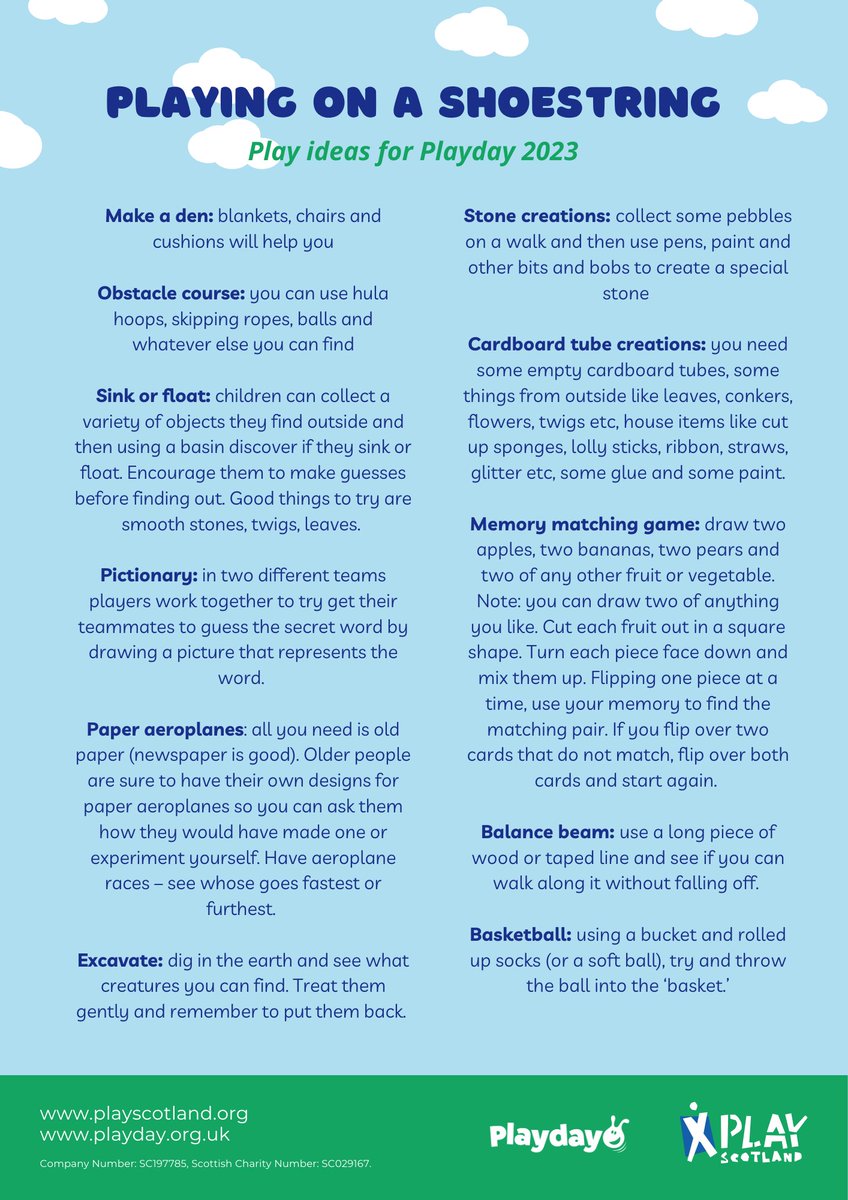 Countdown to #Playday2023...

1 week to go! 🪁🤸🌳

Let's get playful with these #playingonashoestring everyday low-cost or no-cost play ideas. 

View, download or print from our website 👉playscotland.org/resources/play…