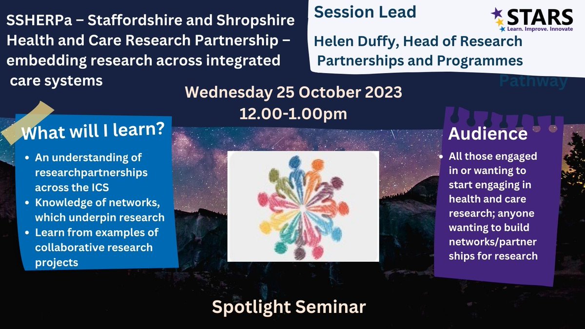 Join Helen Duffy's #MPFTSTARS seminar ‘SSHERPa – #Staffordshire & #Shropshire Health & Care Research Partnership – embedding #research across #integratedcaresystems’🤝👥 #MPFTResearch

Book➡️bit.ly/mpftstarsbooki…
Info➡️ bit.ly/STARSProspectu…