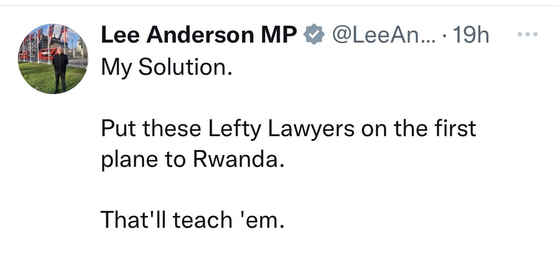 Sometimes, when they're not paying attention, the less intellectually blessed of these grifters lets their mask slip. Here 30p Lee, the six-bob knob, accidentally admitting that Rwanda is a place you'd send someone to punish them, not to 'start a new life of opportunity'.