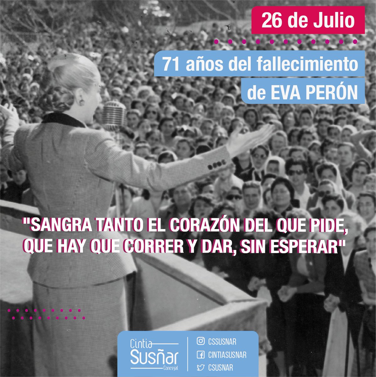 A 71 años de su paso a la inmortalidad, Eva Perón vivirá siempre en el corazón del pueblo. 

Referente de la justicia social, abanderada de los humildes, y gran ejemplo de entrega y militancia. 

#EvitaEterna