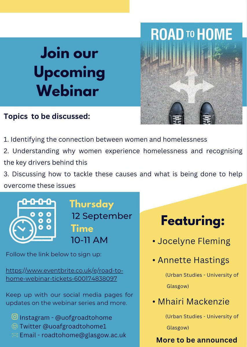 uofgroadtohome1's tweet photo. 🎤Upcoming Webinar🎤

Our third webinar will look at Women and Homelessness and will take place on the 12th of September at 10am.

Sign up using the link below 👇 

https://t.co/MsLxNkq7YX https://t.co/auhXc9AtNr