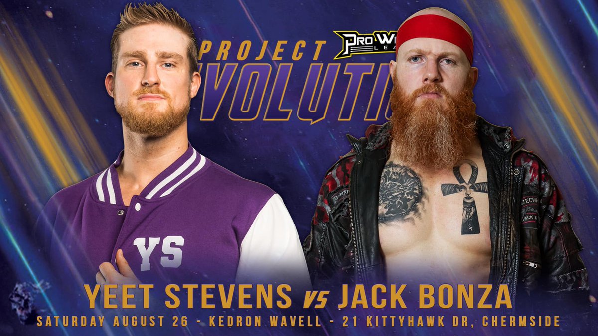 It'll be interstate warfare on Saturday August 26, as Sydney's <a href="/BonzaJack/">Jack Bonza</a> takes on our very own <a href="/yeet_stevens/">YEET! Stevens</a> at #PWLRev4, taking place at Kedron-Wavell, Chermside!

Act quick to get the best seats in the house, as the first two rows are almost sold out: bit.ly/projectrevolut…