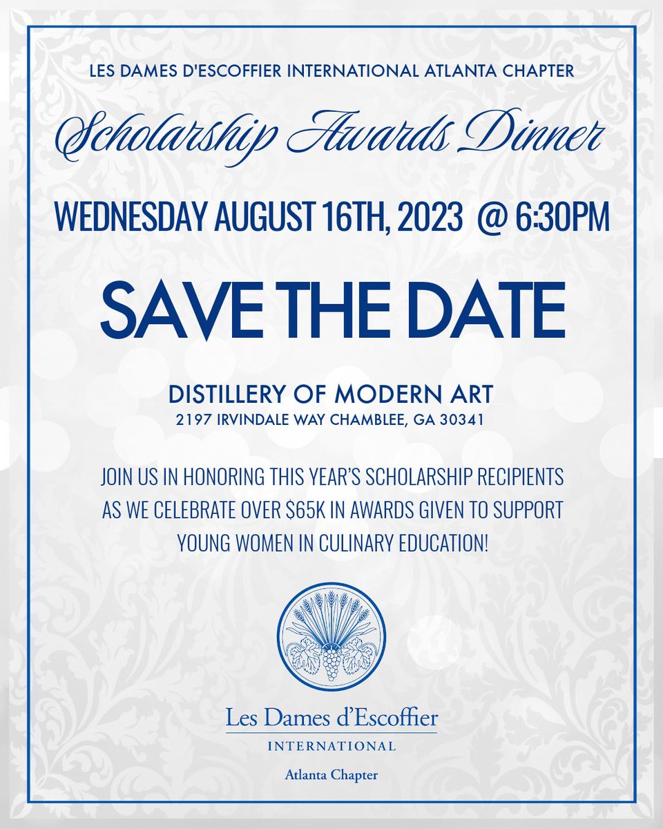 💙 2023 Scholarship Awards Dinner ❗️Join us in celebrating the next generation of talented women in culinary arts &amp; hospitality!

Date: Wednesday, August 16, 2023 
Time: 6:30 p.m.- 9:00 p.m. 
Where: Distillery of Modern Art 
Registration Link: events.r20.constantcontact.com/regis…